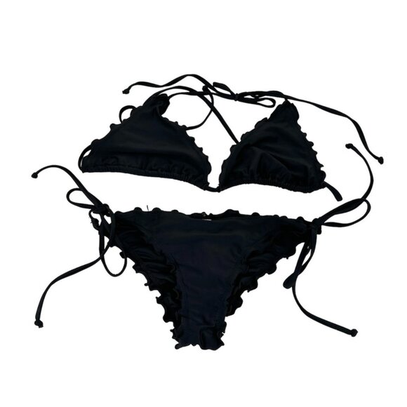 Relleciga Bikini Womens Small Black Ruffle Triangle Swim Suit Strappy Tie Solid - Picture 1 of 10